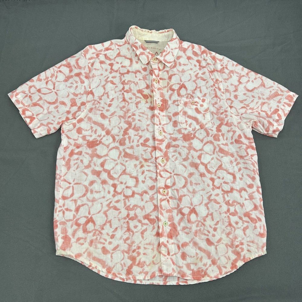 Tommy Bahama Shirt Men's‎ L White Pink Short Sleeve Button Up 100% Linen Pocket
